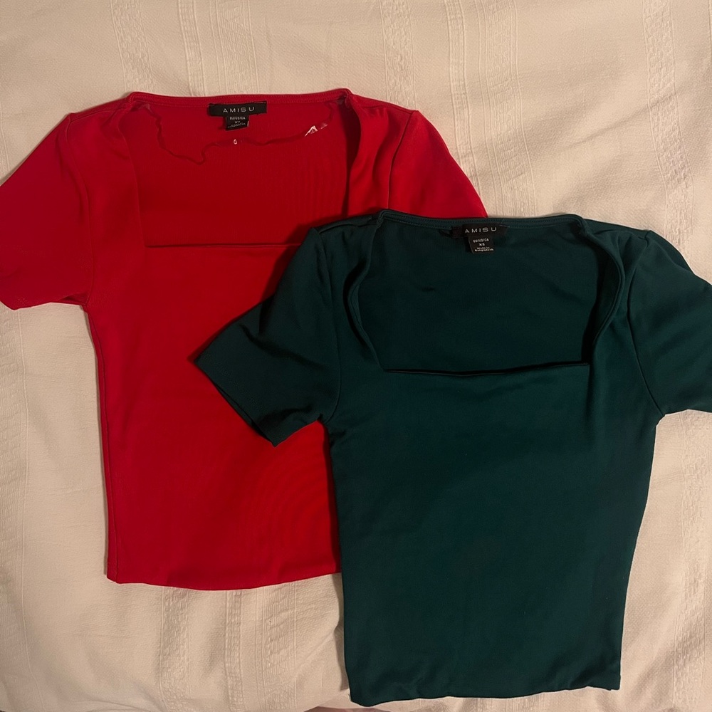 Red and Dark Green Square Neck Tops